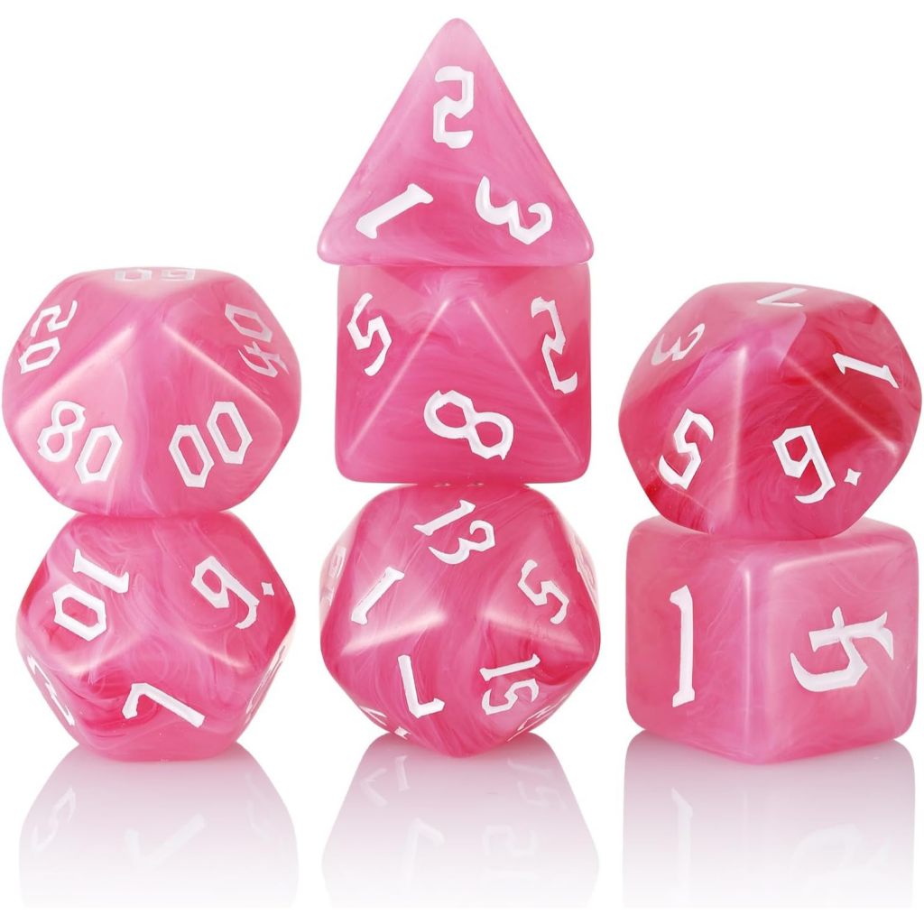 7 ชิ้นลูกเต๋า Polyhedral DND, ชุดลูกเต๋า D&D เต็มไปด้วยหมุนสีชมพูและสีขาวสําหรับเกมลูกเต๋าเล่นตามเกมตาราง DND RPG MTG