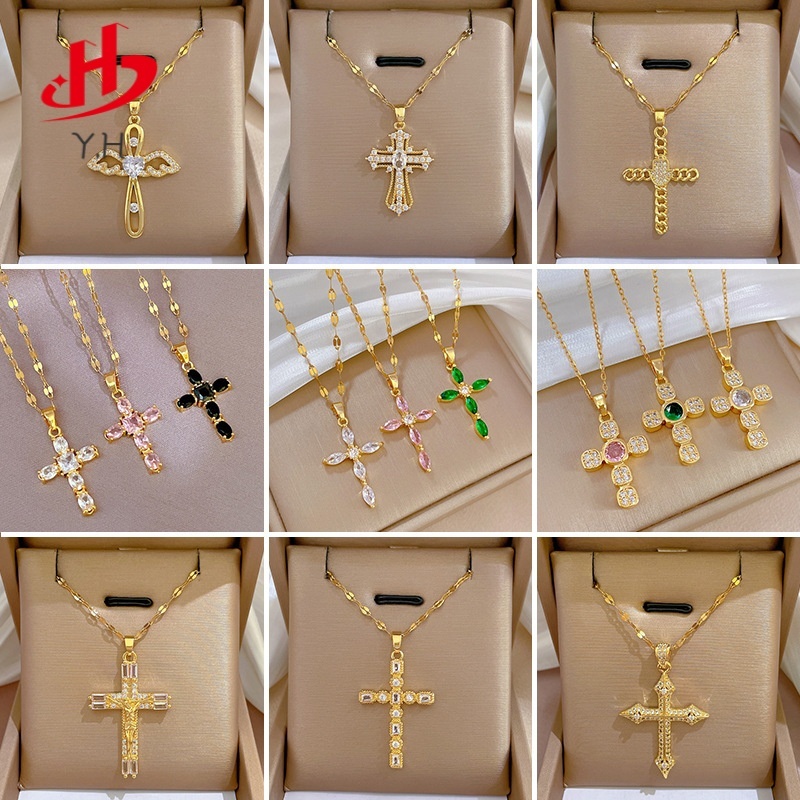 ⭐Y.H⭐ ไม้กางเขน เพชร ความโปร่งใส กลวง สีทอง 18 K สร้อยคอสแตนเลส จี้ทองแดง