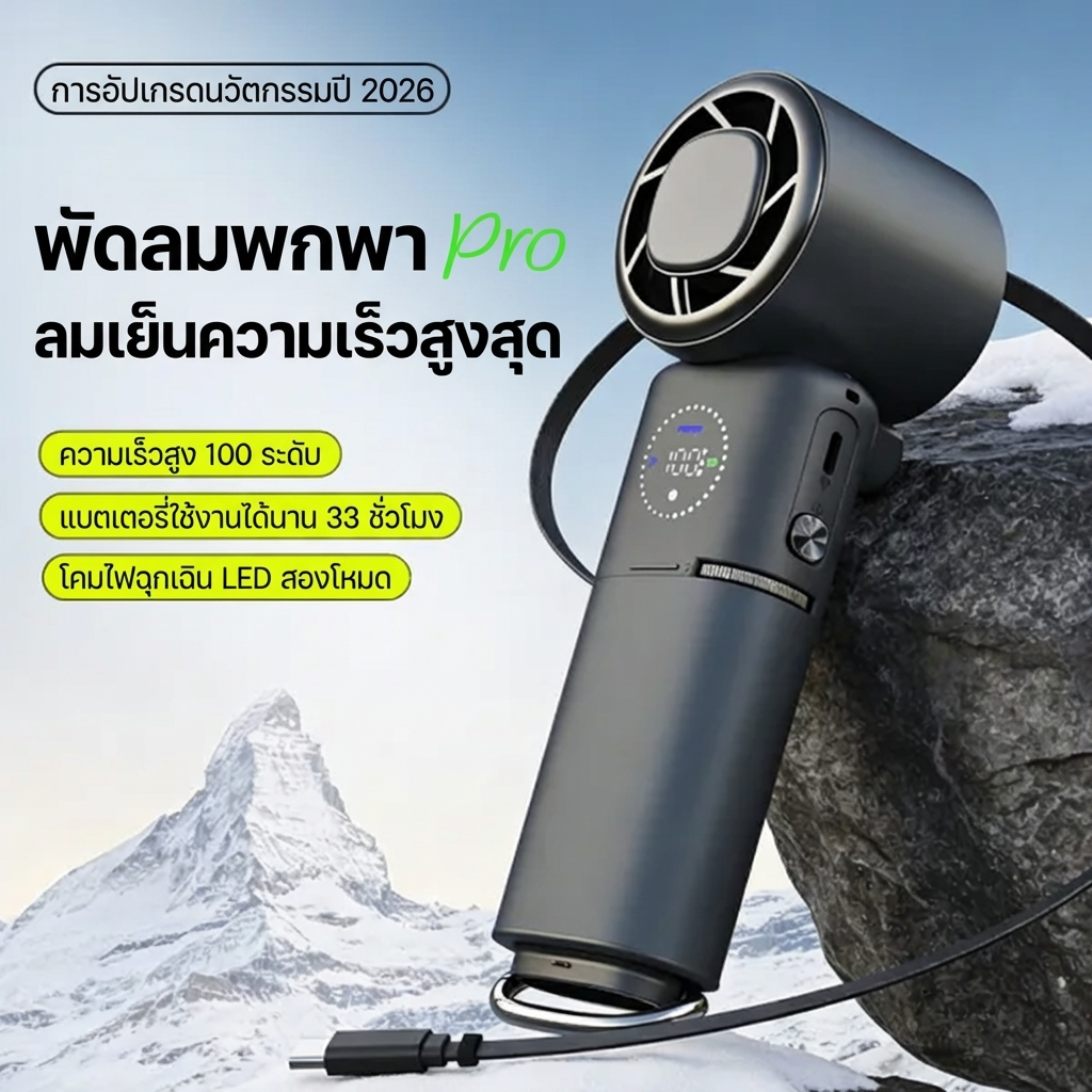 พัดลม พกพา มี สายคล้องคอ 3 in 1 พัดลม usb  พัดลมมือถือ ลมแรง 100 ระดับ แบต 9000mAh ชาร์จเร็ว 22.5 วัตต์ มีหน้าจอ LED พัดลมมีไฟ