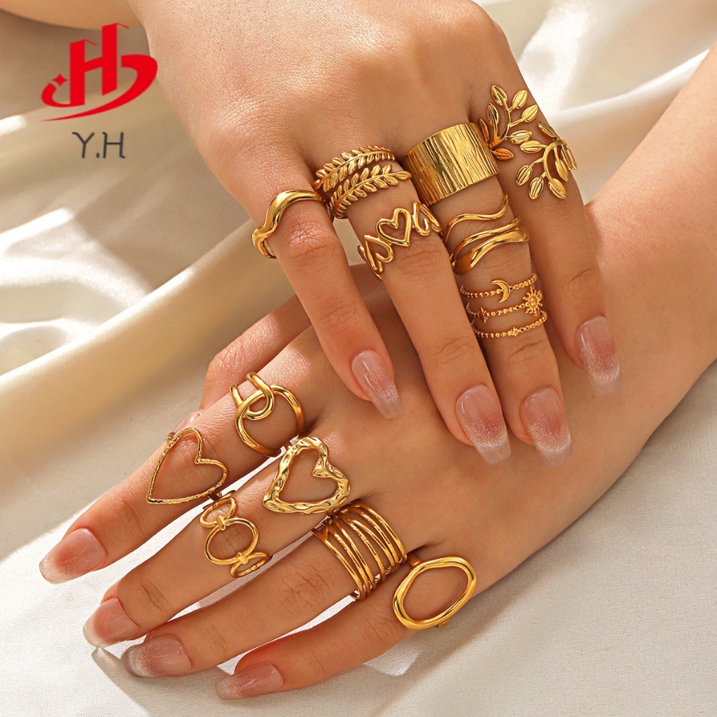 ⭐Y.H⭐ 2025 316L รูปหัวใจ ใบไม้ ไขว้  สีทอง 18 K แหวนสแตนเลส