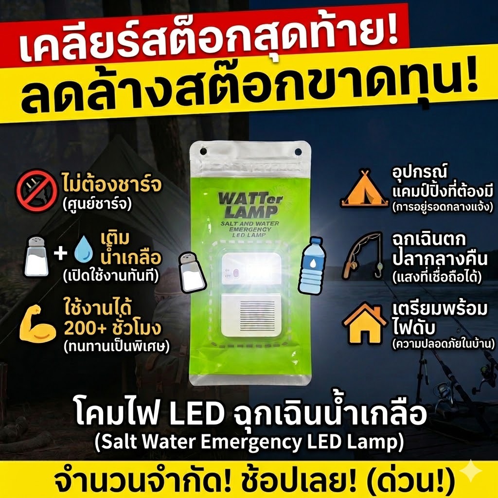 โคมไฟ LED น้ําเค็ม | เวลารันไทม์นาน 200+ ชม. | สำหรับตั้งแคมป์และใช้ในกรณีฉุกเฉิน