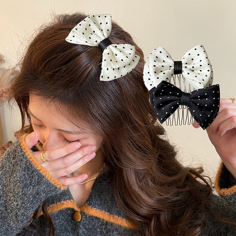 Polka Dot Bow หวีผมปุยกลับหัว Dot หวีความรู้สึกระดับไฮเอนด์ Bangs คลิปผม