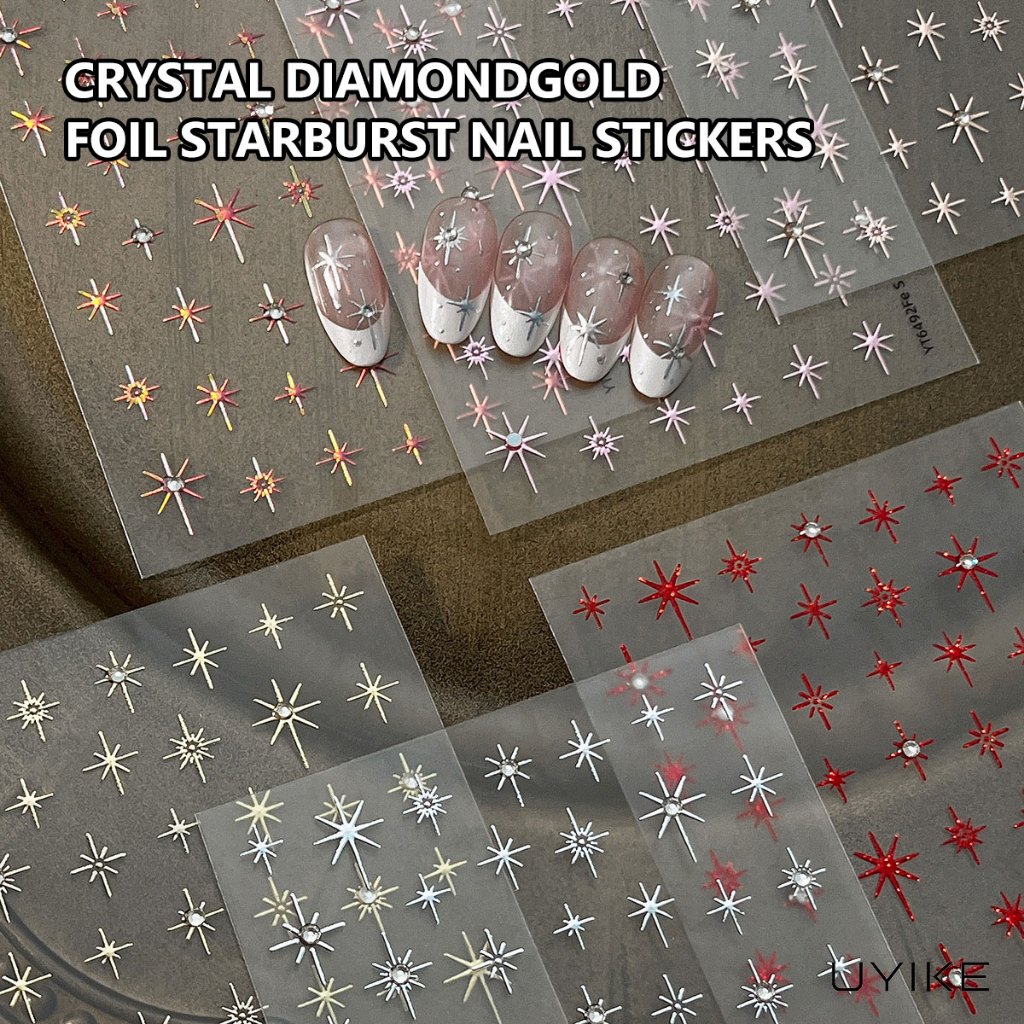 UYIKE สติ๊กเกอร์ติดเล็บสี่แฉกประกายนูน 3 มิติพร้อมคริสตัลเพชรและฟอยล์สีทอง, ขายส่งของ Viral อินเทรนด์ตกแต่งเล็บ