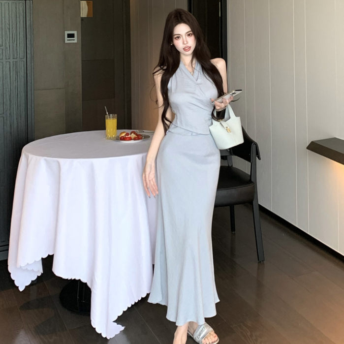 ชุดสูทแฟชั่นเกาหลีสำหรับผู้หญิง ดีไซน์ใหม่ ดูคอวีแขนกุด + กระโปรงเอวสูง แต่งกายได้หลายโอกาสในฤดูร้อน