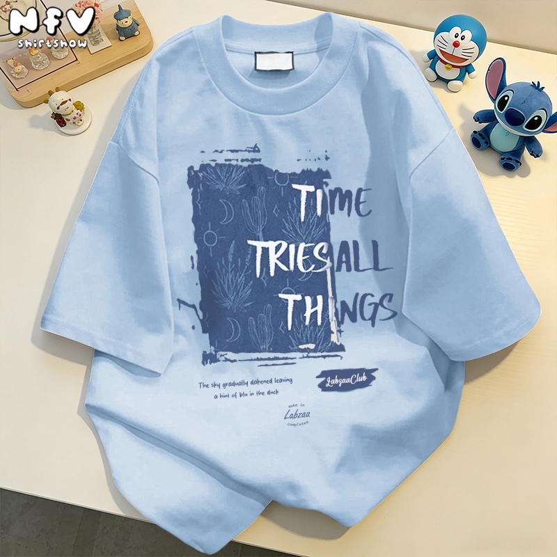 NFV พร้อมส่ง💙ลายพิมพ์ลวดลายสีน้ำเงิน เสื้อยืดผู้หญิง Oversized ผ้าฝ้ายแท้ เนื้อผ้านุ่ม ใส่สบาย YG563