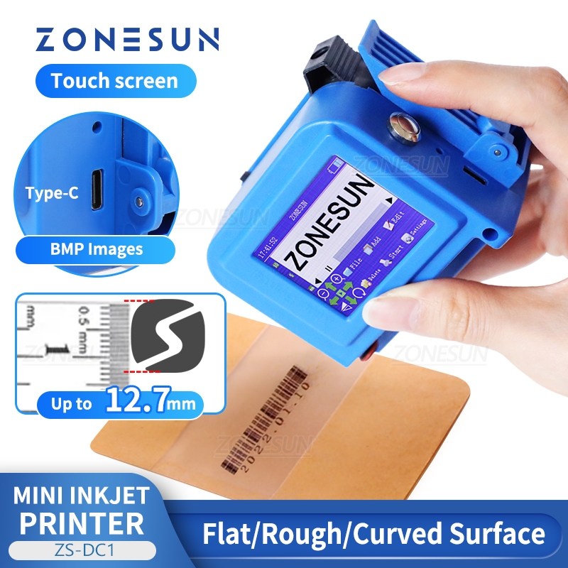 ZONESUN ZS-DC1 เครื่องพิมพ์อิงค์เจ็ทมือถือ 12.7 มม. เครื่องเข้ารหัสวันที่ QR Code Barcode Batch Prin