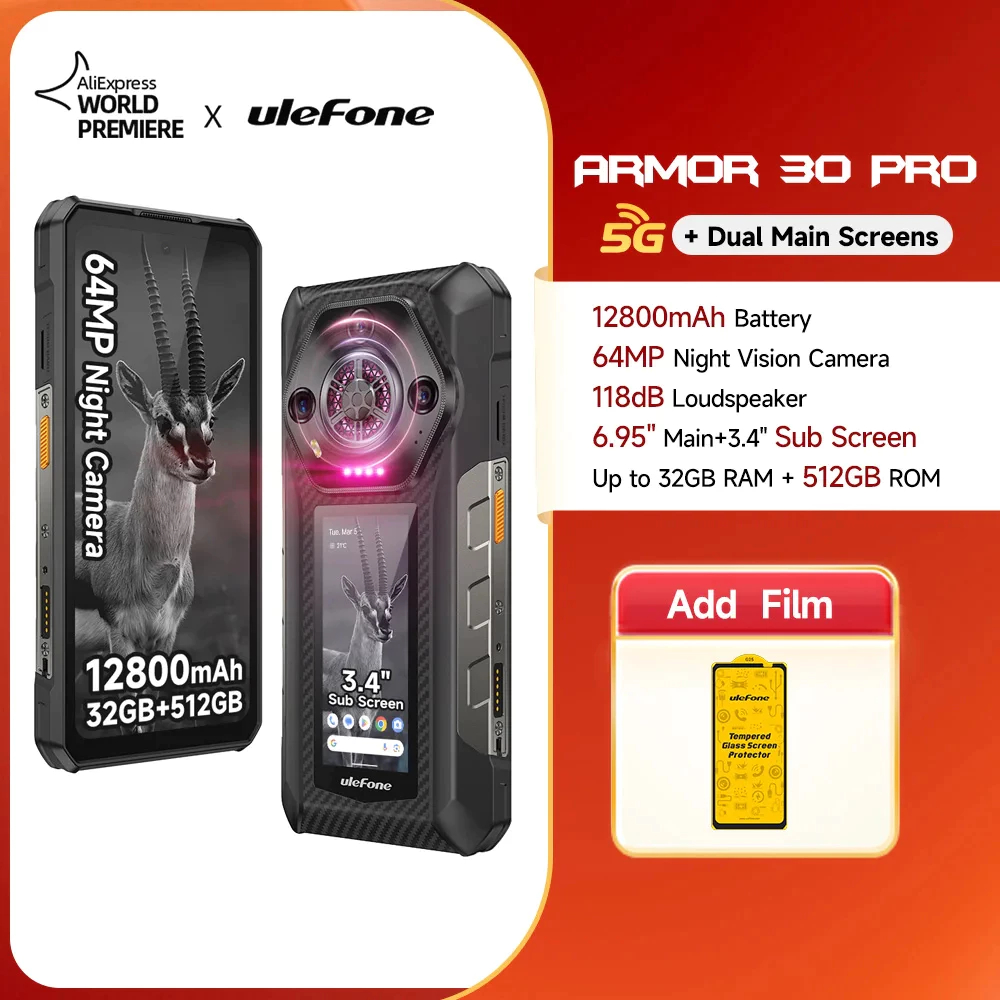 Ulefone Armor 30 Pro 5Gโทรศัพท์ที่ทนทานAndroid 14 สมาร์ทโฟน 32GB + 512GB 12800mAh Nightกล้อง