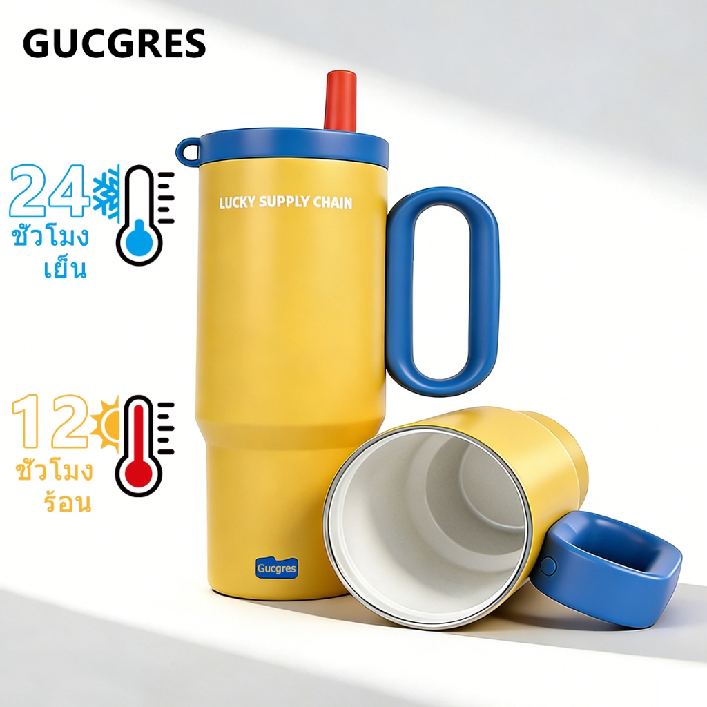GUCGRES(720ml/24oz)แก้วเก็บความเย็นสแตนเลส เก็บความร้อนและเย็นได้ เคลือบเซรามิกภายใน มาพร้อมหูจับและหลอดดูดน้ำ