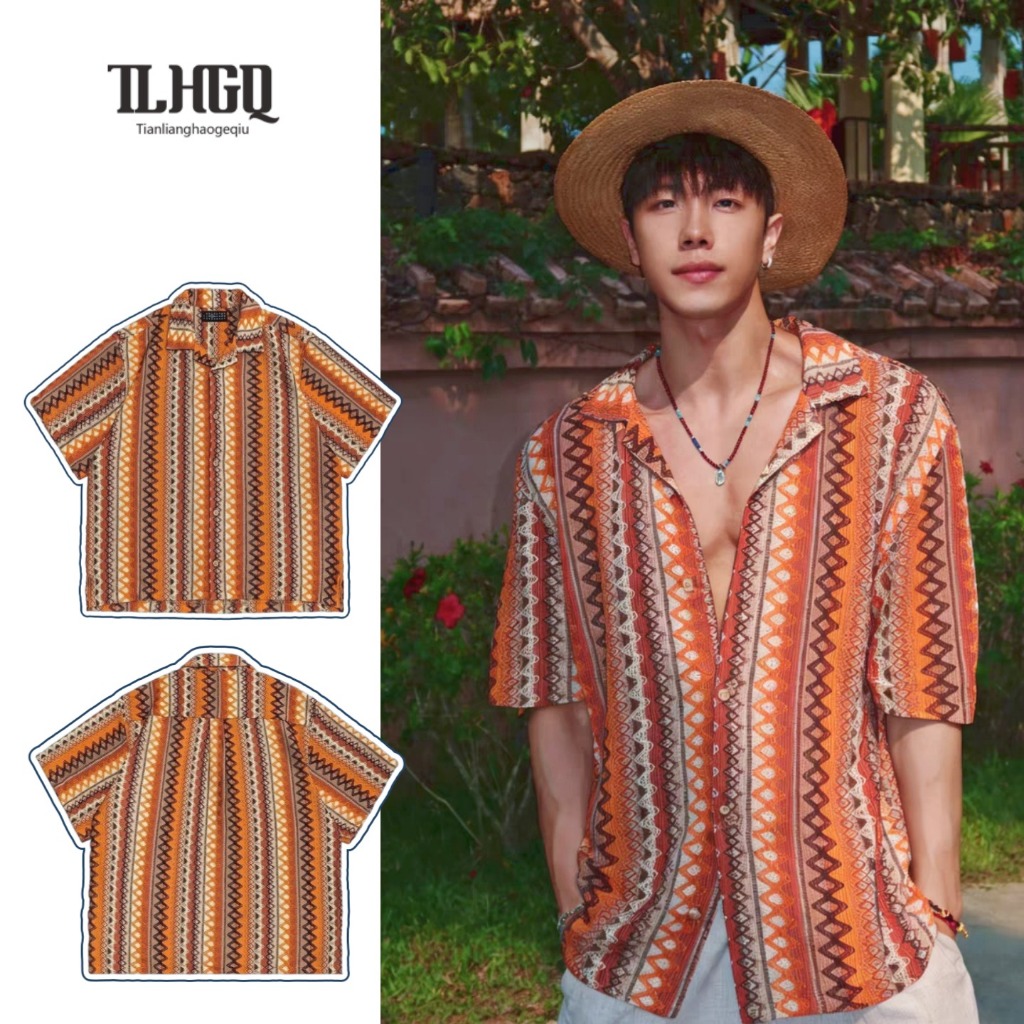 TLHGQ แบรนด์แฟชั่นอเมริกันทอเสื้อเชิ้ตแขนสั้นคอคิวบาผู้ชายฤดูร้อนเสื้อเชิ้ตหลวมวันหยุดใหม่