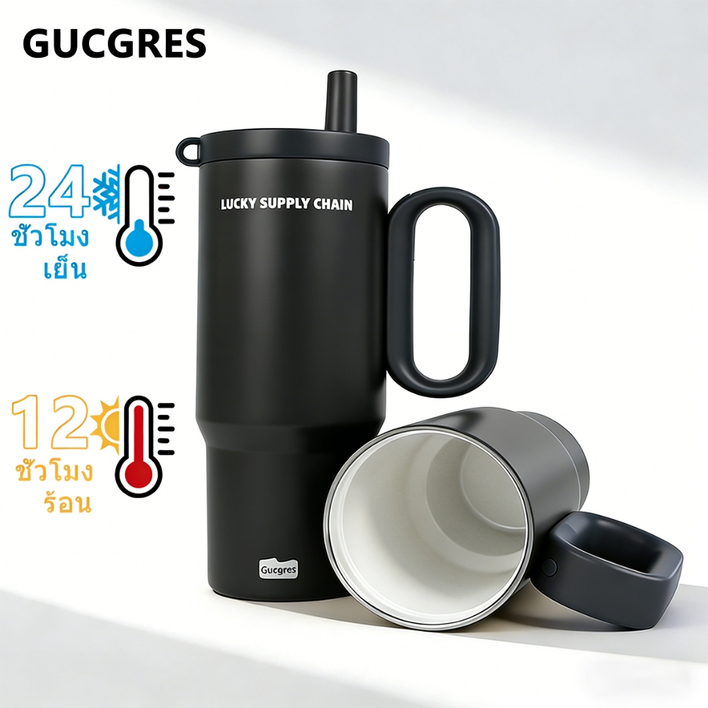 GUCGRES(720ml/24oz)ของแท้ 100% แก้วเก็บความเย็นสแตนเลส เก็บความร้อน-ความเย็นได้ พร้อมหูจับและหลอดดูดน้ำ แก้วน้ำ ฝาปิดกันรั่ว เคลือบเซรามิกใน