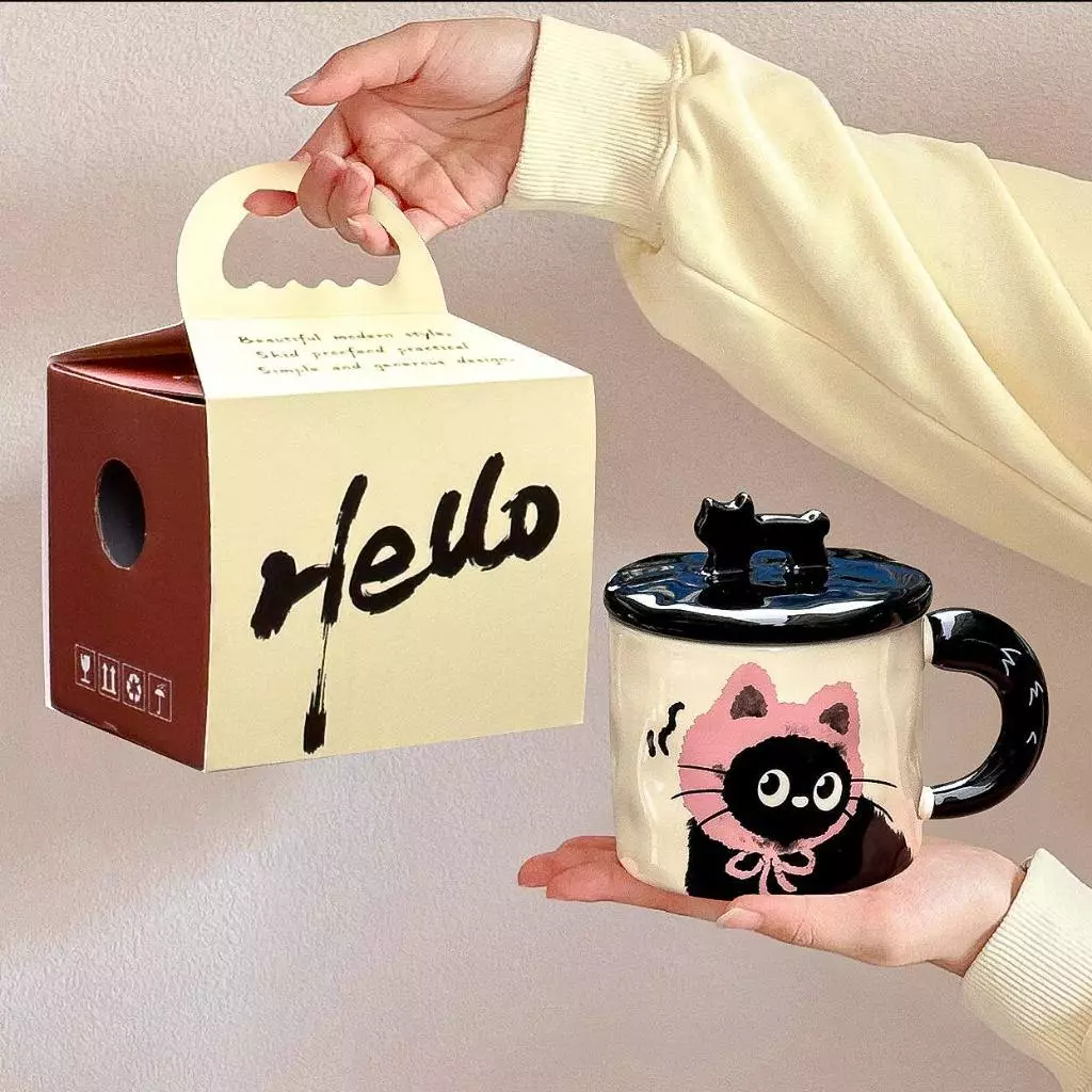 SENSENLIVE แก้วน่ารักของขวัญวันเกิดสําหรับผู้หญิง แก้วแมว แก้วกาแฟน่ารัก ความงาม ของขวัญ เซรามิคพร้อมฝาปิด ของขวัญวันครู