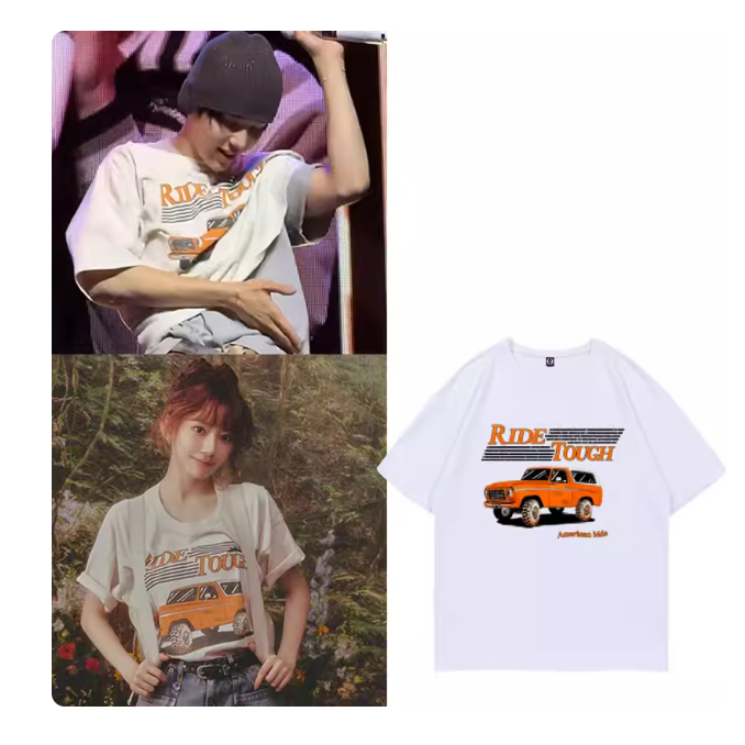 LE SSERAFIM Sakura เสื้อยืดผ้าฝ้ายพิมพ์ลายคอกลมทรงหลวมสไตล์เดียวกัน
