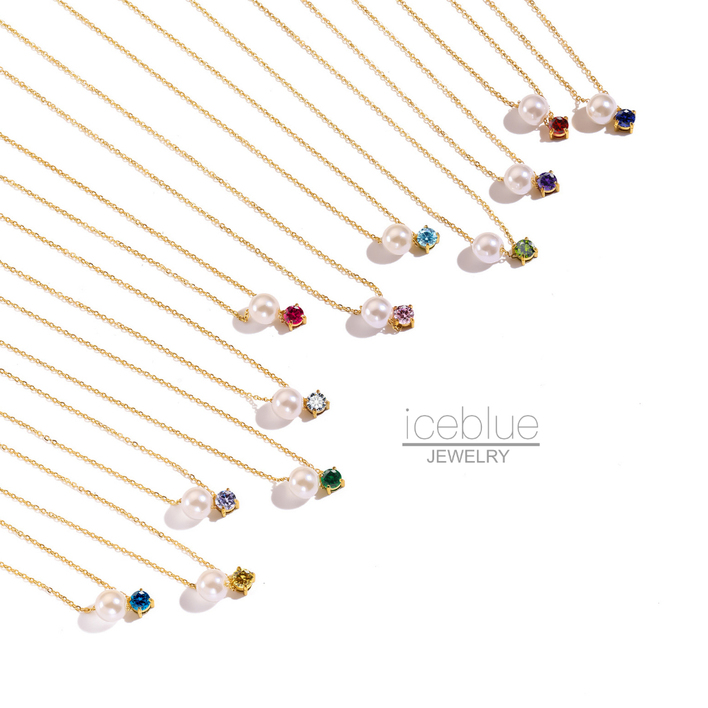 ICEBLUE Birthstone Pearl Zircon จี้สร้อยคอ 18K Gold Plated สแตนเลสกันน้ํา Non Tarnish Hypoallergenic Unisex สร้อยคอสําหรับผู้หญิงผู้ชาย N172