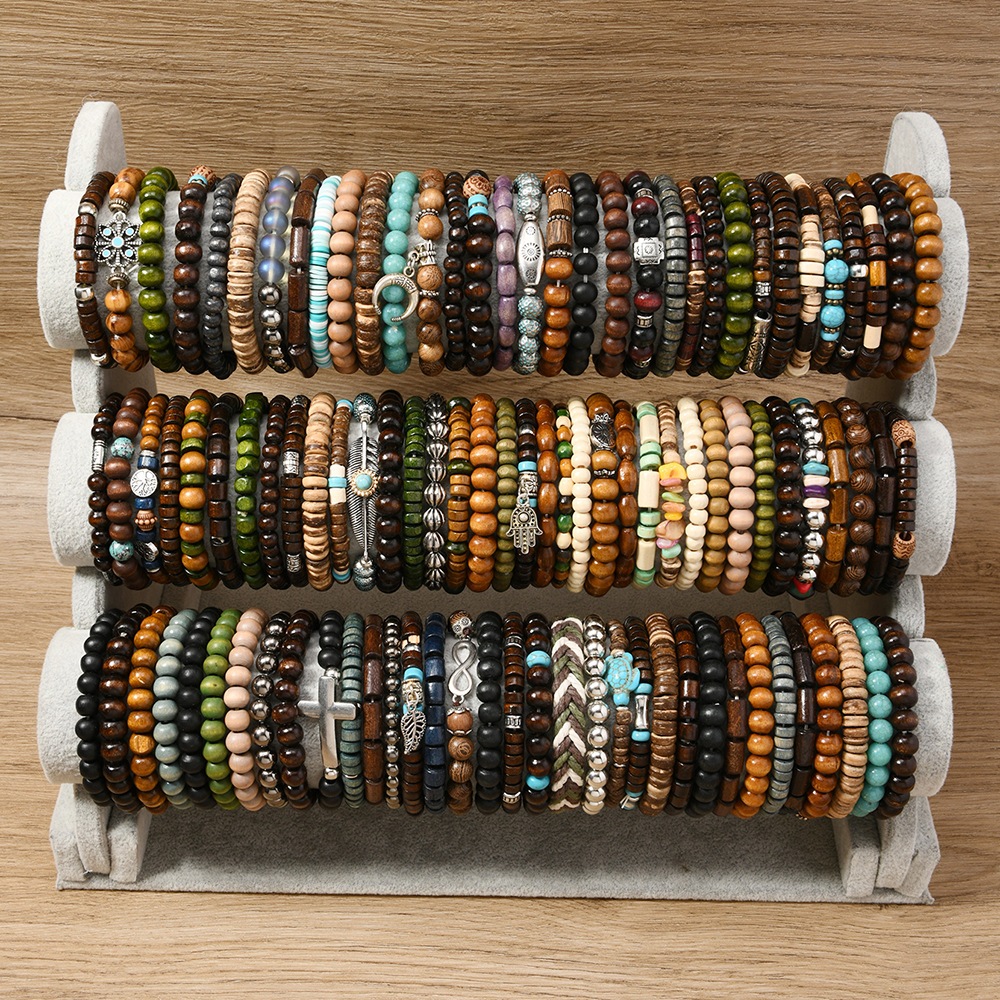 36 ชิ้น/ล็อตผู้ชายผู้หญิงกําไลข้อมือสร้อยข้อมือไม้ธรรมชาติลูกปัด Handmade Bohemian สไตล์ชาติพันธุ์เชือกยืดหยุ่นปรับแฟชั่นเครื่องประดับ