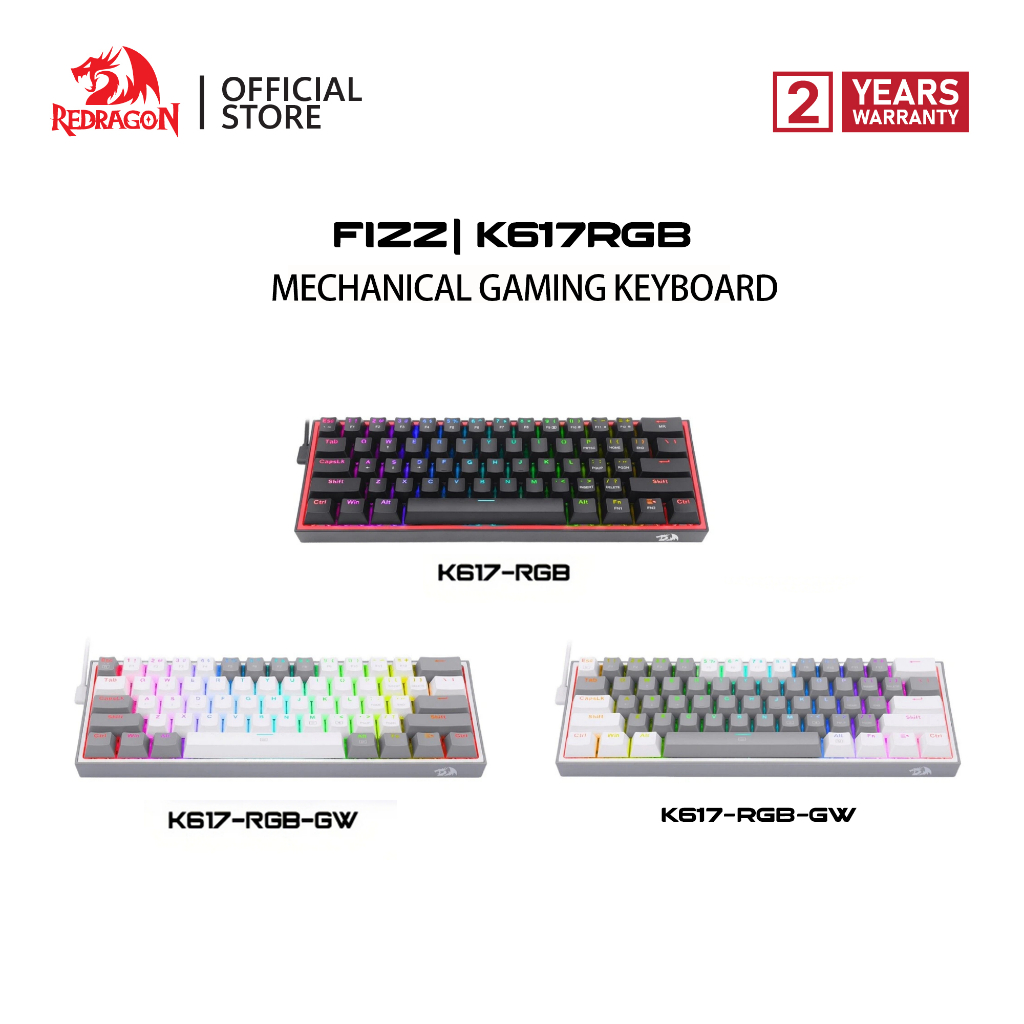 Redragon K617 Fizz 60% คีย์บอร์ดเกม RGB แบบมีสาย, 61 คีย์ Hot-Swap Compact Mechanical Keyboard Pro D