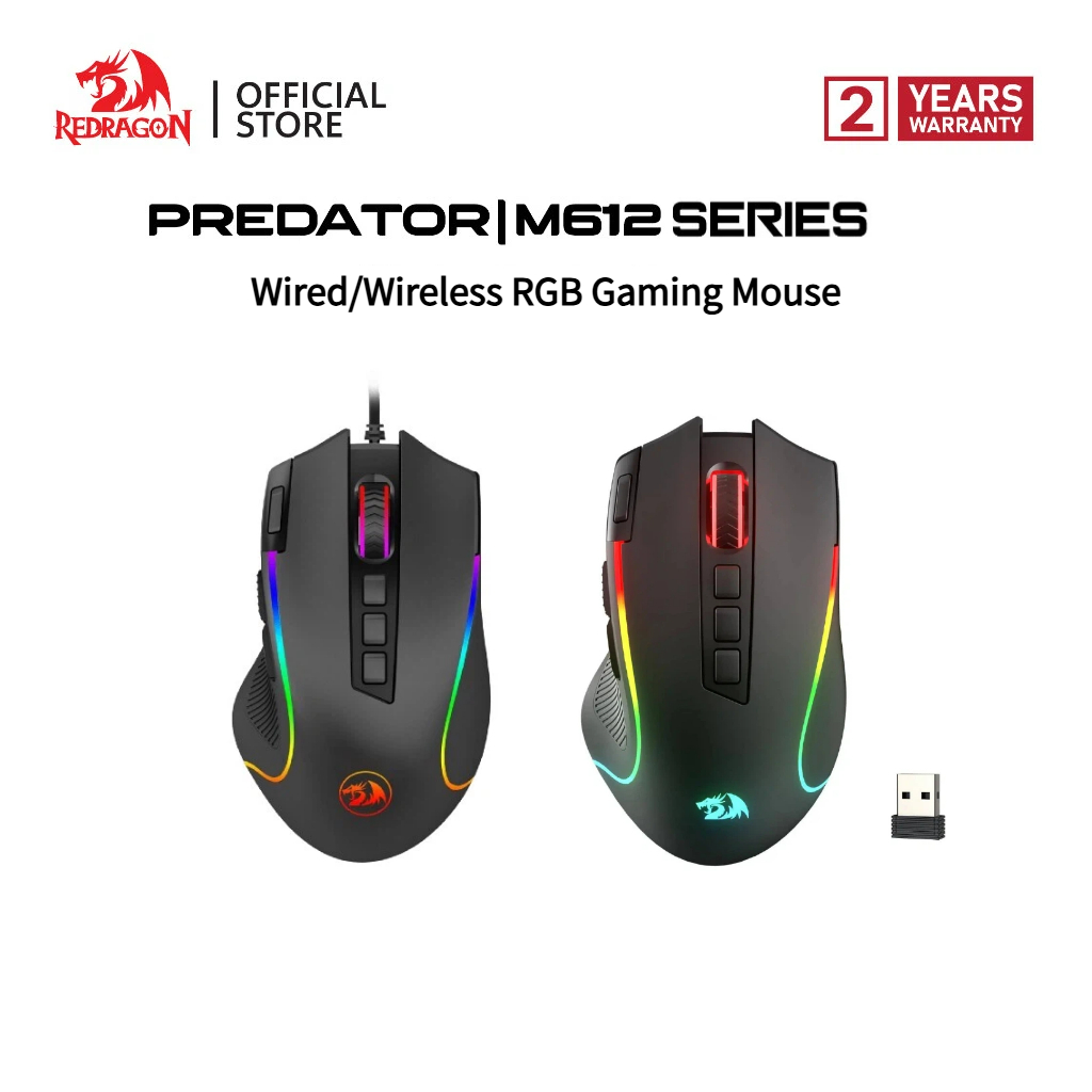 Redragon M612 RGB PRO เมาส์สําหรับเล่นเกม 8000 DPI เมาส์แบบมีสาย/ไร้สายพร้อมปุ่มตั้งโปรแกรมได้ 9 ปุ่มและ 7 โหมด Backlit BT & 2.4G ซอฟต์แวร์ไร้สายรองรับ DIY Keybinds Rapid Fire