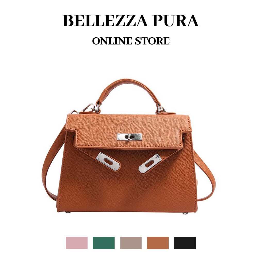 Bellezza Pura กระเป๋าหนังลายลิ้นจี่ ทรงกล่องทันสมัย มีสายสะพายยาว สวยงามเหมาะกับทุกชุด