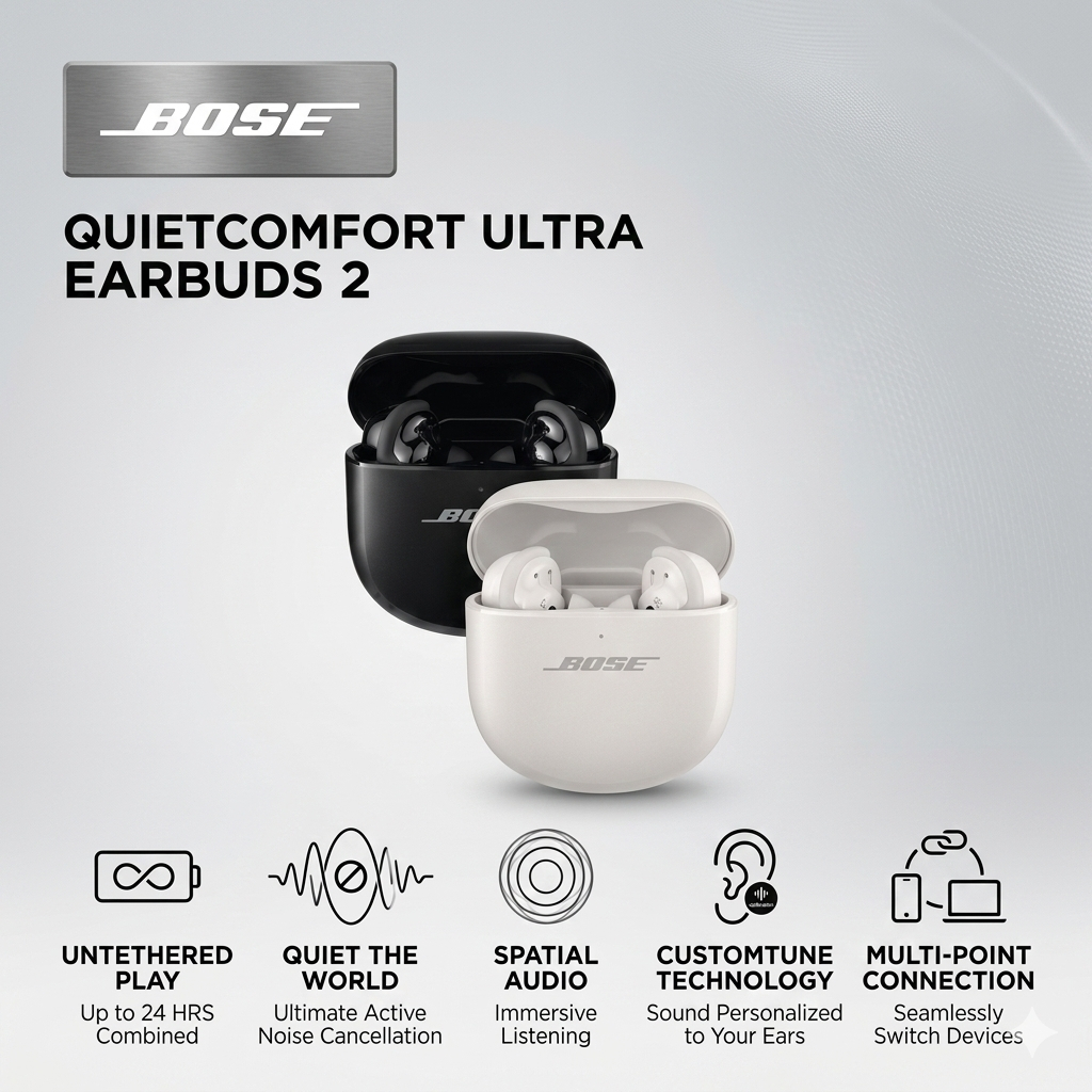 Bose QuietComfort Ultra Earbuds (รุ่นที่สอง) ชุดหูฟังไร้สาย ANC ตัดเสียงรบกวนระดับพรีเมียม |บลูทูธ 5.3, ไอพีเอ็กซ์4 กันน้ํา, อายุการใช้งานแบตเตอรี่ 24 ชั่วโมง