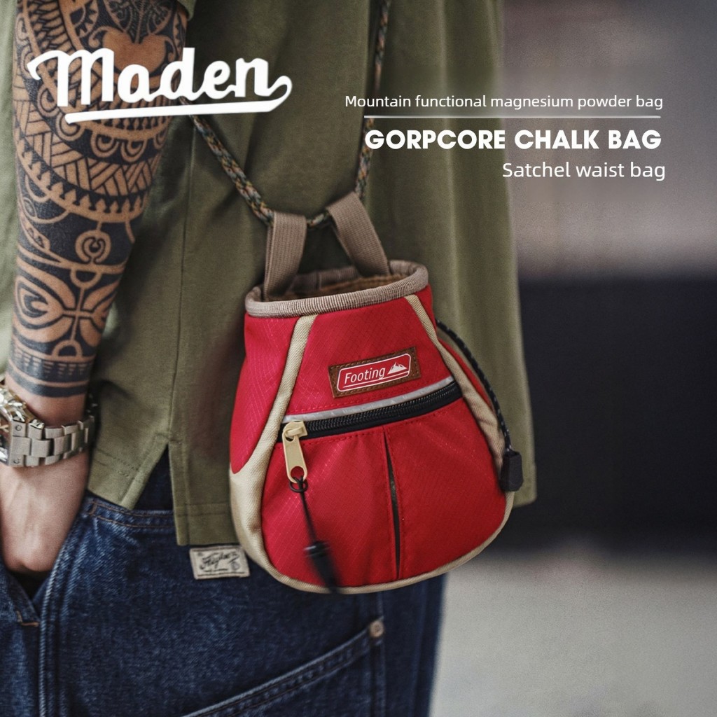 MADEN Men American Mountain Style Chalk Bag Outdoor Crossbody Bag Red Portable Open Top Storage Bag