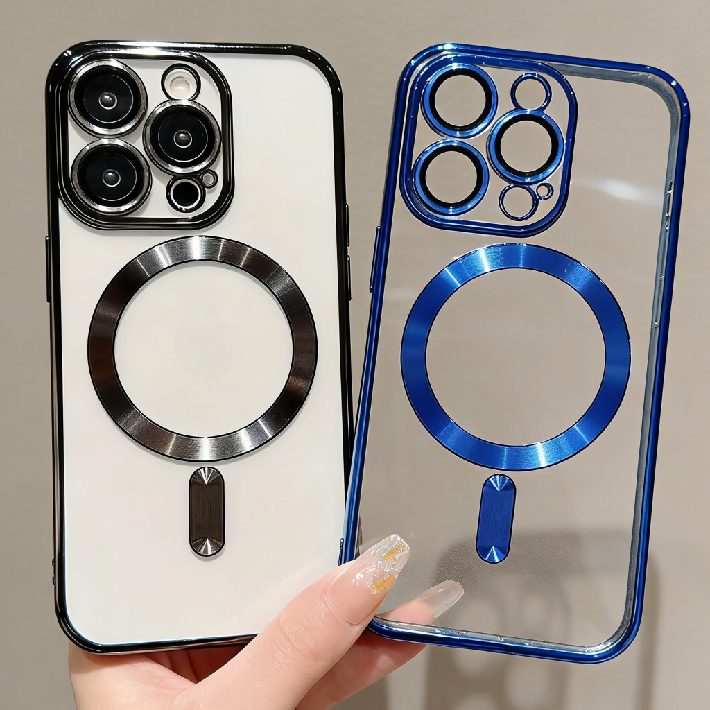 เคสโทรศัพท์ชุบแม่เหล็กสําหรับชาร์จไร้สาย iPhone 11 12 13 14 15 Plus 16 17 Pro Max เลนส์ไร้สายฝาครอบป้องกันกรณี
