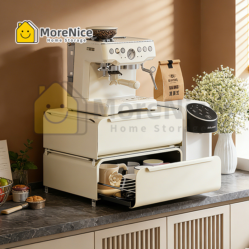 MoreNice ที่จัดเก็บเครื่องชงกาแฟพร้อมลิ้นชัก ฝาปิดกันฝุ่น วางซ้อนกันได้ ชั้นวางแก้วบนเคาน์เตอร์ครัว ประหยัดพื้นที่