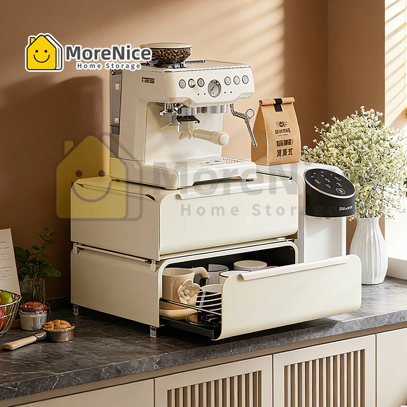 MoreNice ที่จัดเก็บเครื่องชงกาแฟพร้อมลิ้นชัก ฝาปิดกันฝุ่น วางซ้อนกันได้ ชั้นวางแก้วบนเคาน์เตอร์ครัว ประหยัดพื้นที่