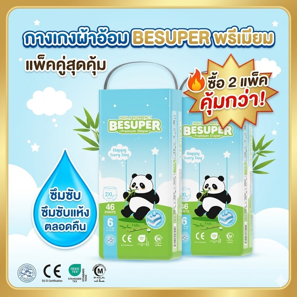BESUPER BABY DIAPER PANT กางเกงผ้าอ้อมเด็ก 108pcs- NB/M/L/XL/XXL/XXXL/XXXXL บาง และสบาย BABY PANTS