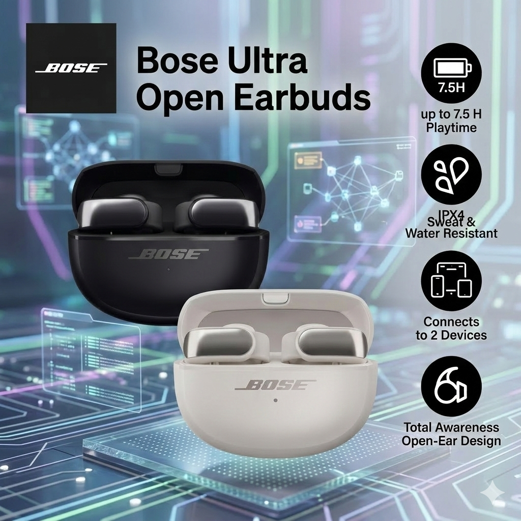 ชุดหูฟังบลูทูธไร้สายชนิดใส่ในหู Bose Ultra Open, เปิดดีไซน์สบาย, เสียงที่ตอบสนอง, การตัดเสียงรบกวน AI, กันน้ํา IPX4, เหมาะสําหรับกีฬาและฟิตเนส