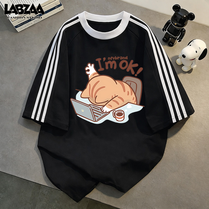 วินเทจฟอกน้ำ🌟แขนสั้น คอกลม เสื้อยืด ใส่สบาย ลายแมวน่ารัก ระบายอากาศ เนื้อผ้านุ่ม ผู้ชาย YG1413