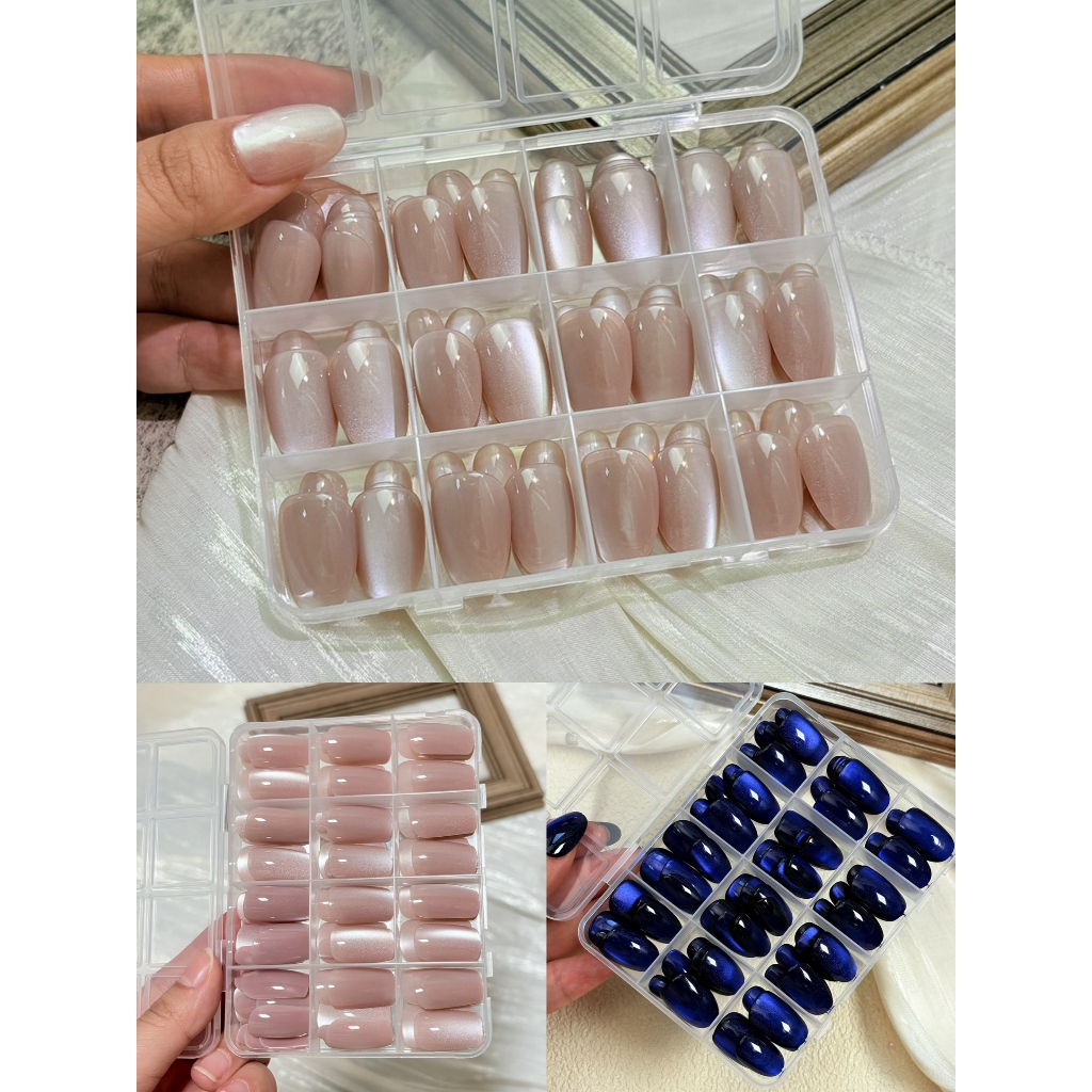 144ชิ้นแมวตากดบนเล็บ-เล็บปลอมรูปไข่สั้นเต็มปก, ที่ถอดออกได้สวมใส่เล็บเคล็ดลับ