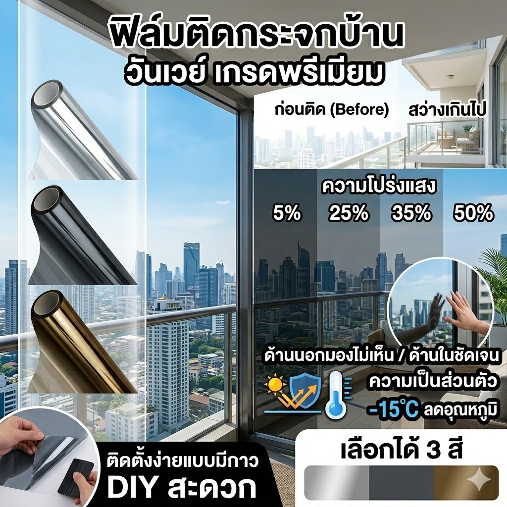 [ส่งจากไทย] ฟิล์มติดกระจกบ้าน กันความร้อน -10°C ฟิล์มวันเวย์ กัน UV 99% เพิ่มความเป็นส่วนตัว ติดง่าย