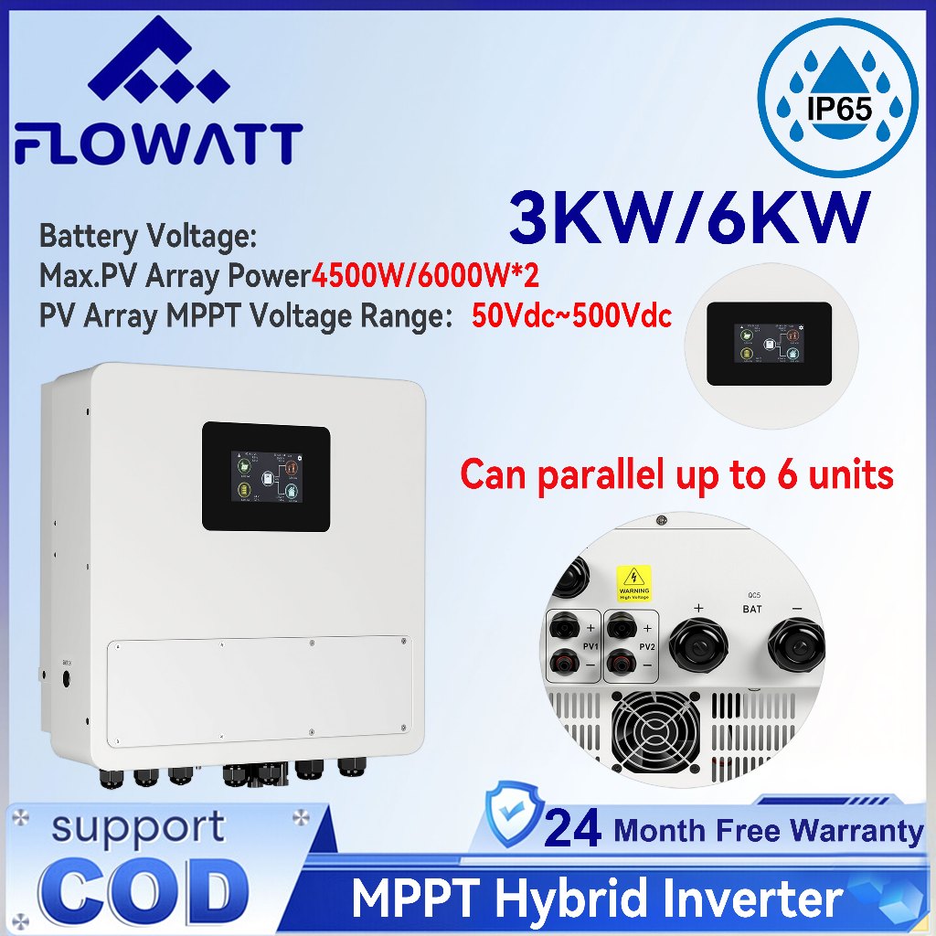 【รองรับการขายไฟฟ้า】 อินเวอร์เตอร์ไฮบริดพลังงานแสงอาทิตย์ Flowatt 3KW/6KW 24V/48V สำหรับระบบ On-Grid/Off-Grid, AC 230V 50/60Hz, อินเวอร์เตอร์เก็บพลังงานแสงอาทิตย์แบบคลื่นไซน์บริสุทธิ์อัตโนมัติ, ตัวควบคุมการชาร์
