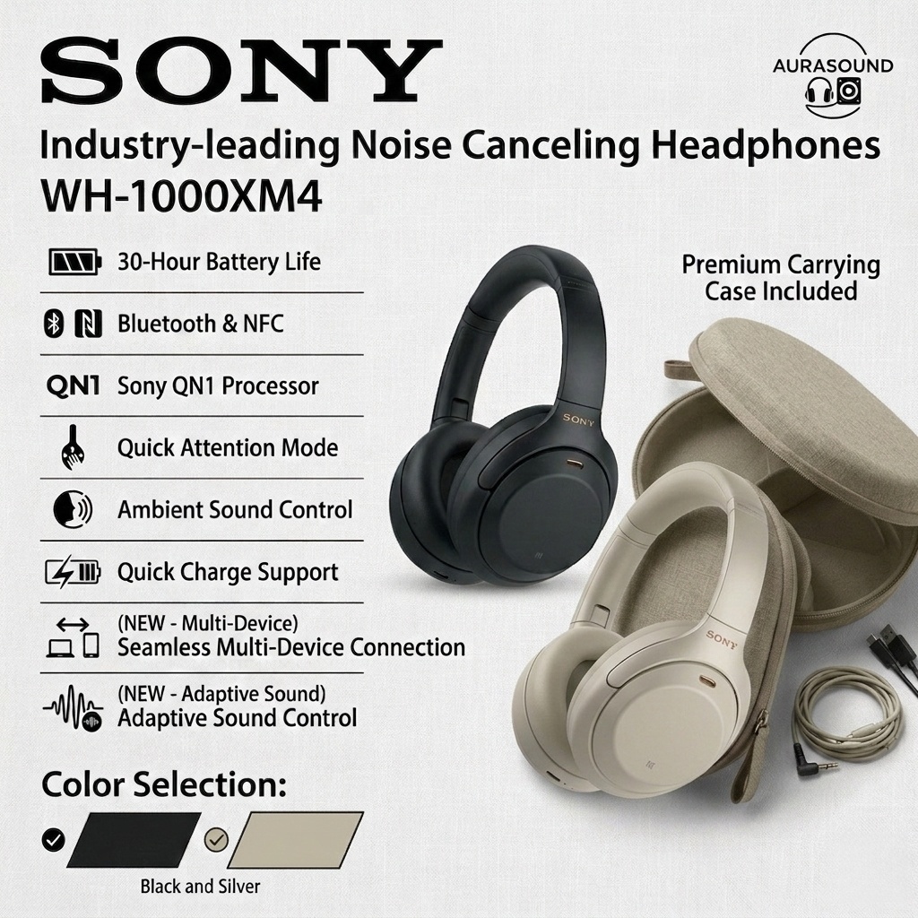 S ony WH-1000XM4 ชุดหูฟังตัดเสียงรบกวนไร้สายชุดหูฟังบลูทูธ, อายุการใช้งานแบตเตอรี่ 30 ชั่วโมงกล่องเก็บฟรี