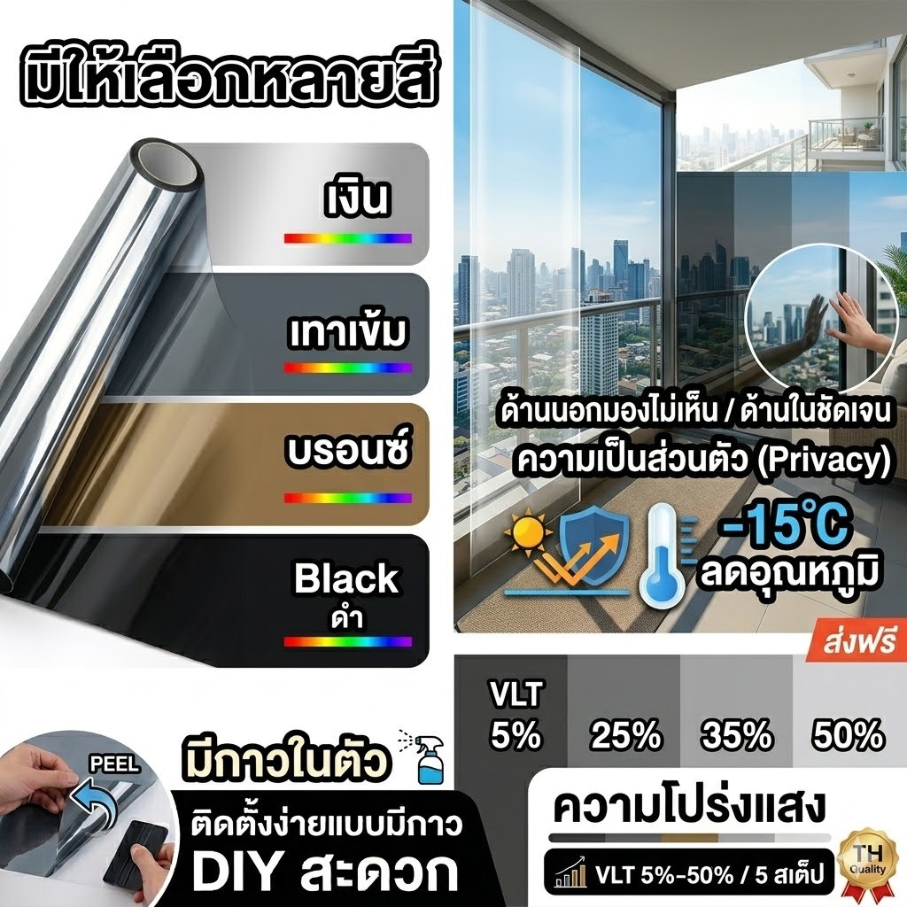 [พร้อมส่ง] ฟิล์มติดกระจกบ้าน มีกาวในตัว กันความร้อน -15°C ฟิล์มวันเวย์ กัน UV 99% เพิ่มความเป็นส่วนต