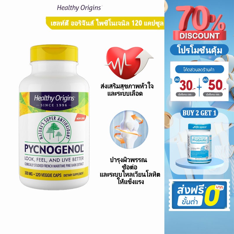 Healthy Origins Pycnogenol 100 มก. (120 ชิ้น) | สารสกัดจากเปลือกสน Maritime ฝรั่งเศส