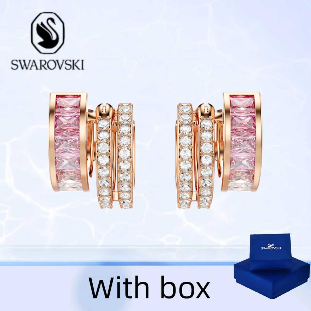 Swarovski ต่างหูแหวน Connexus สีชมพู พร้อมกล่อง สร้อยคอเงินแท้