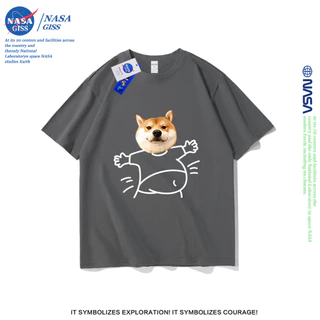 NASA เสื้อยืดชายหญิงแขนสั้น สไตล์ลำลอง summer กอดสุนัข พิมพ์ลาย คอตตอน คอกลม หลวมและระบายอากาศ