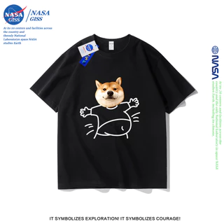 NASA เสื้อยืดชายหญิงแขนสั้น สไตล์ลำลอง summer กอดสุนัข พิมพ์ลาย คอตตอน คอกลม หลวมและระบายอากาศ