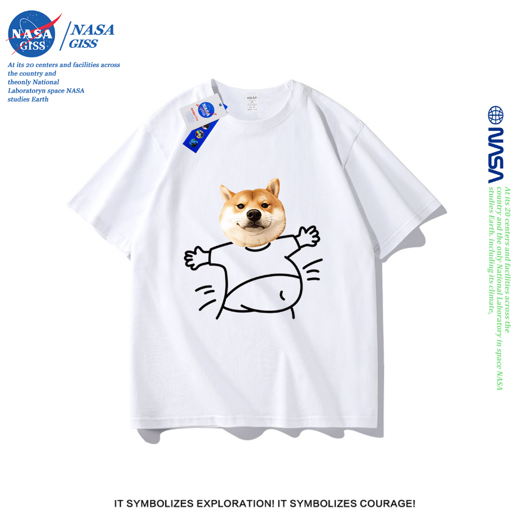 NASA เสื้อยืดชายหญิงแขนสั้น สไตล์ลำลอง summer กอดสุนัข พิมพ์ลาย คอตตอน คอกลม หลวมและระบายอากาศ