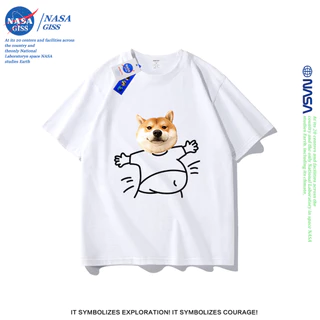 NASA เสื้อยืดชายหญิงแขนสั้น สไตล์ลำลอง summer กอดสุนัข พิมพ์ลาย คอตตอน คอกลม หลวมและระบายอากาศ