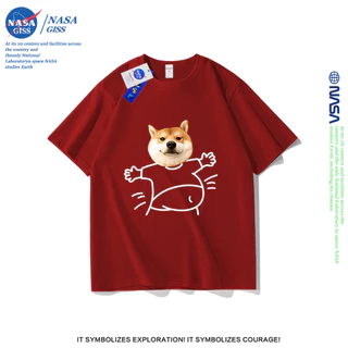 NASA เสื้อยืดชายหญิงแขนสั้น สไตล์ลำลอง summer กอดสุนัข พิมพ์ลาย คอตตอน คอกลม หลวมและระบายอากาศ