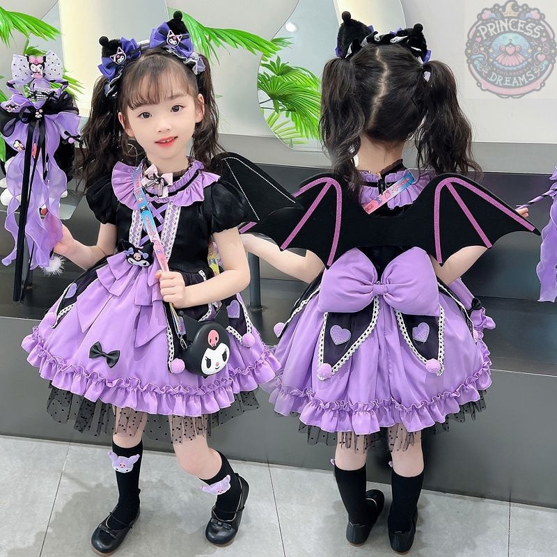 ชุดคุโรมิ โลลิต้าสำหรับเด็กผู้หญิง เดรสสีดำม่วงแขนสั้น/แขนยาว กระโปรงพองฟู ชุดฮาโลวีน ชุดวันเกิดและการแสดง
