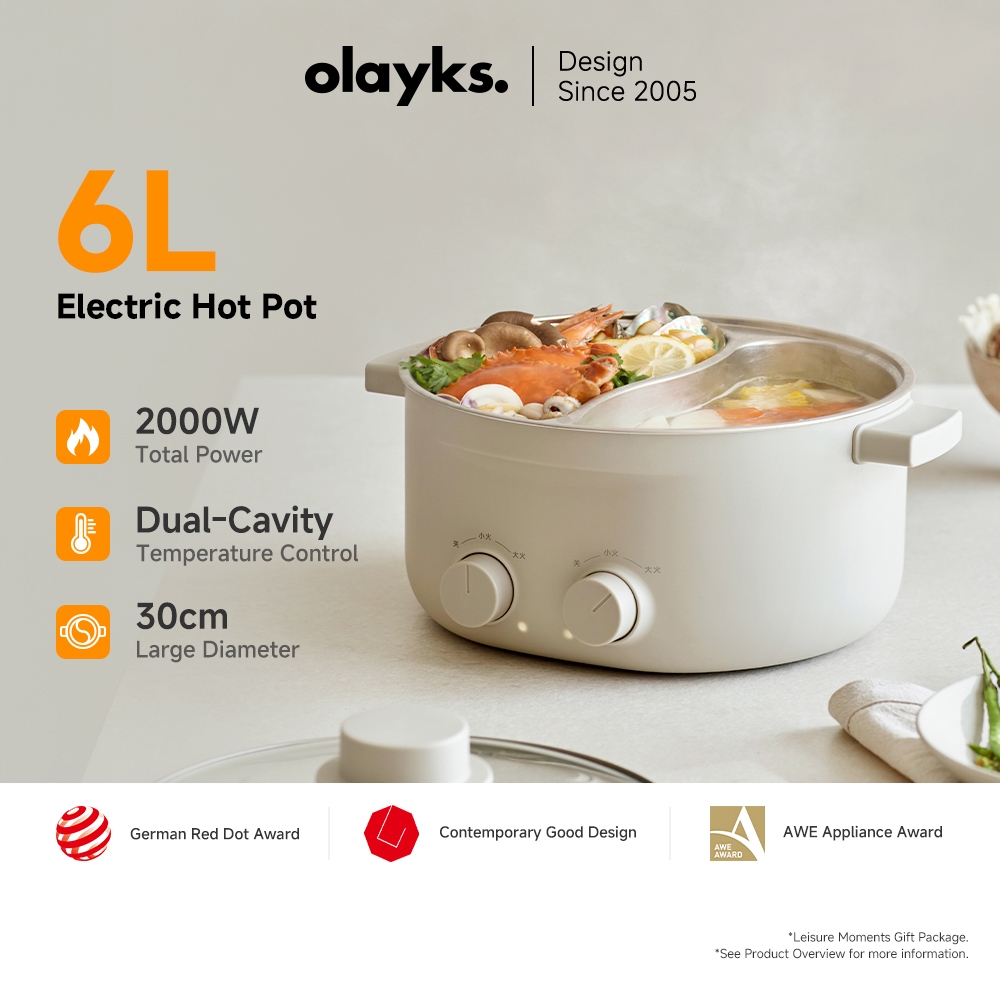 Olayks ชาบูไฟฟ้า ความจุ 6 ลิตร ขนาดใหญ่ ไม่ติดกัน สองช่องแยกรสชาติ 2000 วัตต์ ปรับอุณหภูมิได้ เหมาะสำหรับมื้ออาหารครอบครัวและปาร์ตี้