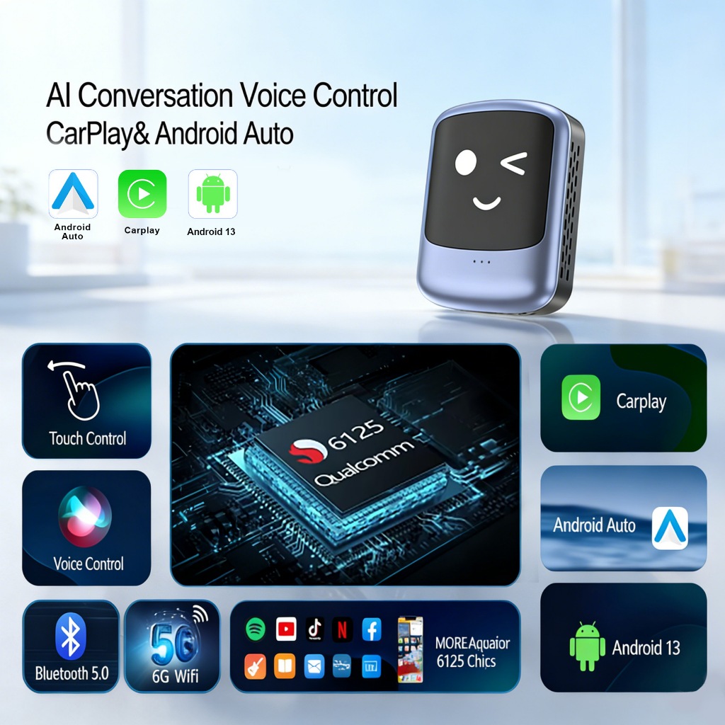 SPOTNanoไร้สายCarPlay Androidอะแดปเตอร์อัตโนมัติAndroid 13 8+128G AI Voice QCM6225สําหรับYoutube Spo
