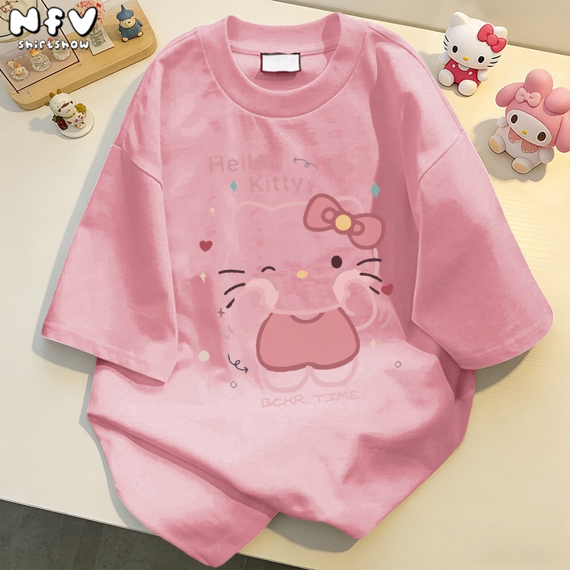 【จัดส่งจากกรุงเทพฯ】NFV🎀เสื้อยืดคอกลมแขนสั้น ลายแมวน่ารัก oversize ผ้าคอตตอน YG732