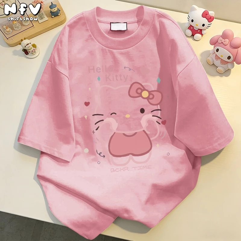 【จัดส่งจากกรุงเทพฯ】NFV🎀เสื้อยืดคอกลมแขนสั้น ลายแมวน่ารัก oversize ผ้าคอตตอน YG732