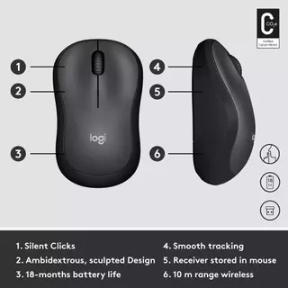 Logitech M220 Silent เมาส์ไร้สาย เสียงเงียบ คลิกนุ่ม ดีไซน์ประหยัดพื้นที่ แบตอึด 18 เดือน สำหรับ PC/Laptop/Mac - 2.4GHz USB 1000 DPI Charcoal