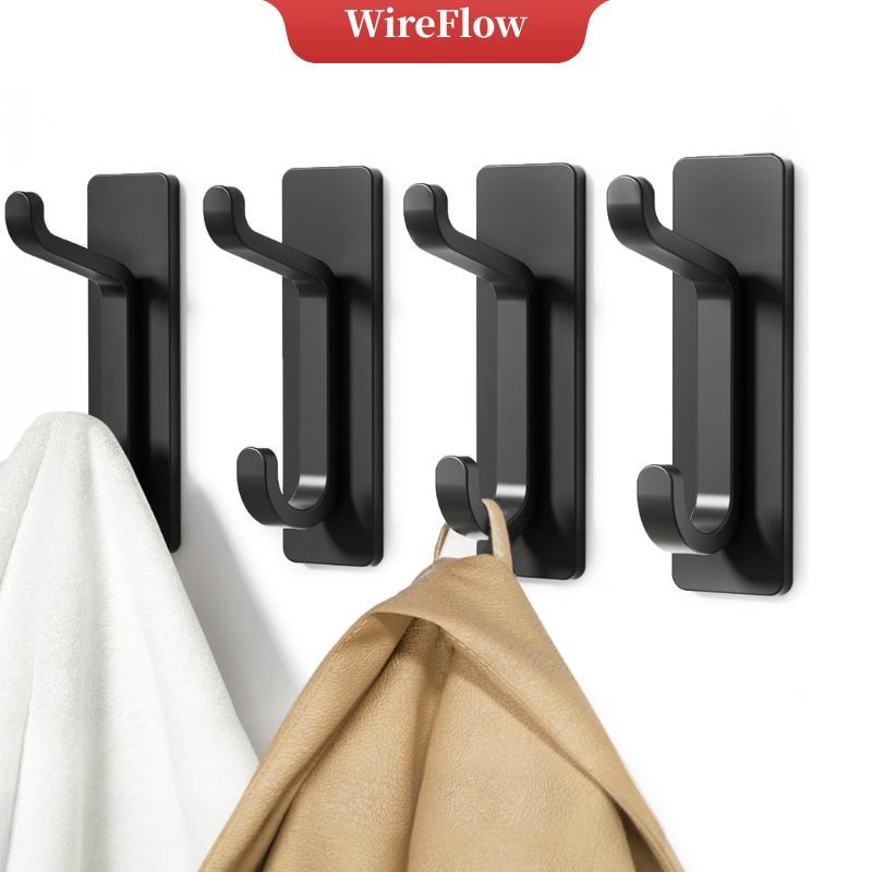 WireFlow ตะขอติดผนังแบบกาว 4 ชิ้น รับน้ำหนักได้ 13 ปอนด์ ไม่ต้องเจาะ สำหรับห้องครัว ห้องน้ำ