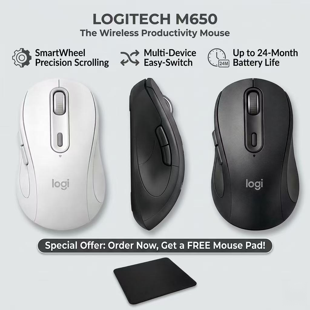 Logitech Signature M650 เมาส์ไร้สาย คลิกเงียบ SilentTouch เชื่อมต่อ Bluetooth & USB SmartWheel ปรับแ
