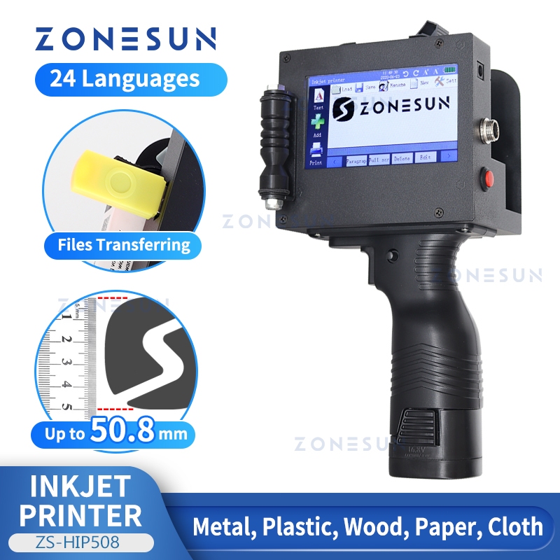 ZONESUN ZS-HIP508 เครื่องพิมพ์อิงค์เจ็ทมือถือ 5 ซม. เครื่องเข้ารหัสวันที่แบบพกพา QR Code Barcode Bat